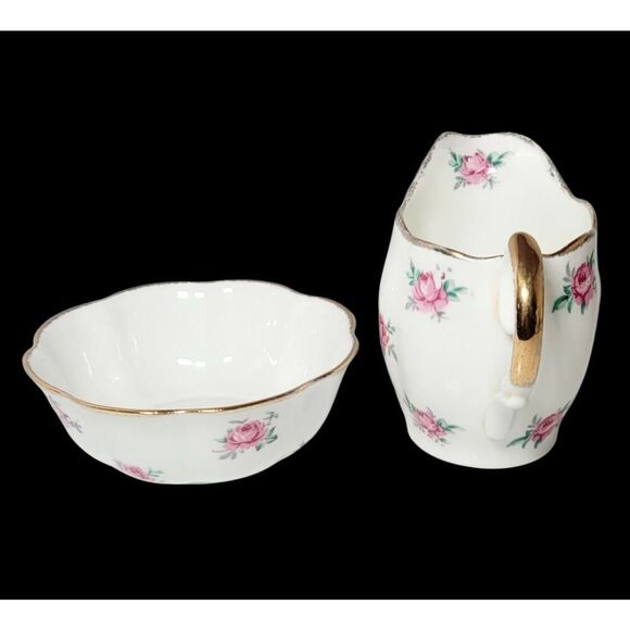 Vintage Jason Creamer and Open Sugar Bowl Pink Bud Roses Gold Trim England - Picture 4 of 8